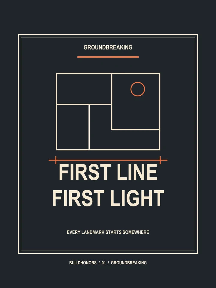 First Line First Light artwork in light ink and orange on charcoal
