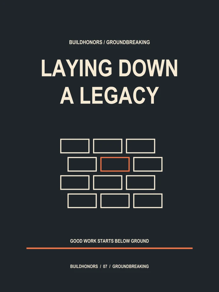 Laying Down A Legacy artwork in light ink and orange on charcoal