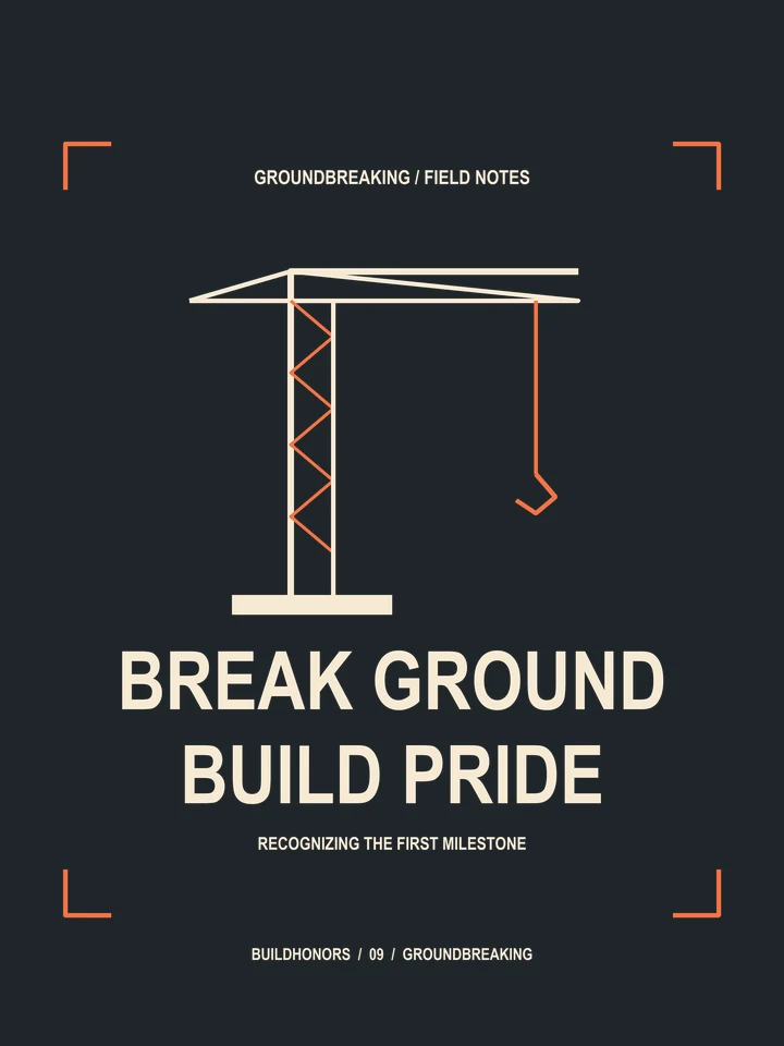 Break Ground Build Pride artwork in light ink and orange on charcoal