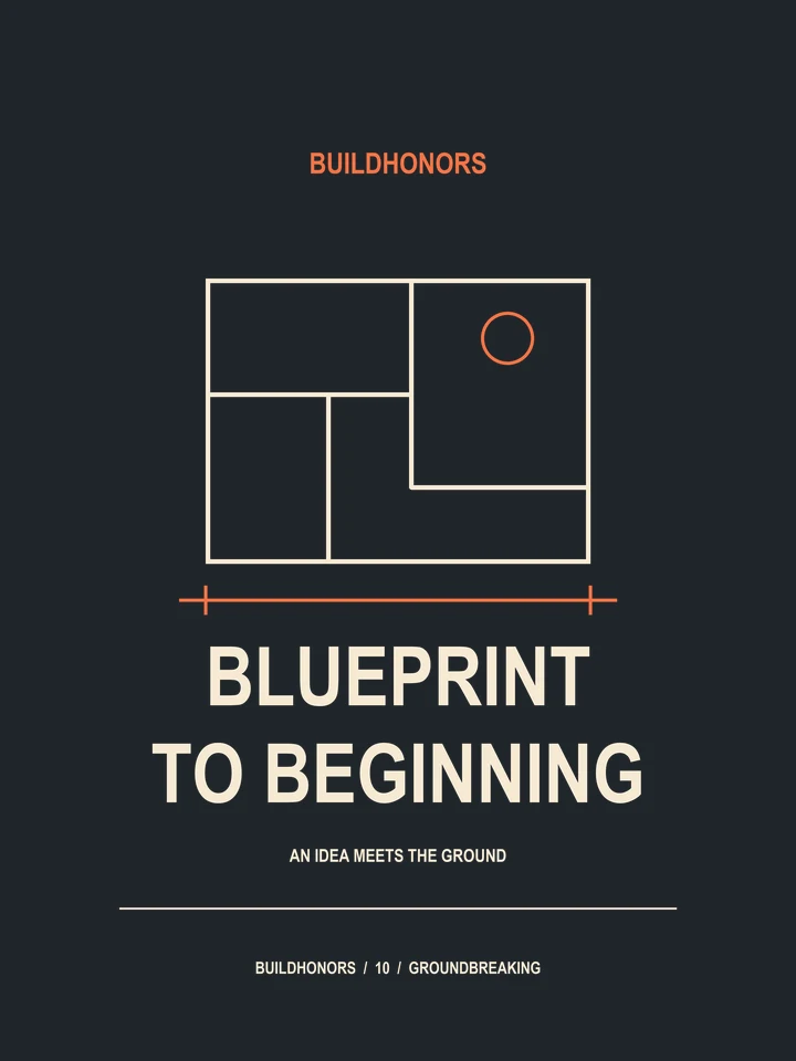 Blueprint To Beginning artwork in light ink and orange on charcoal