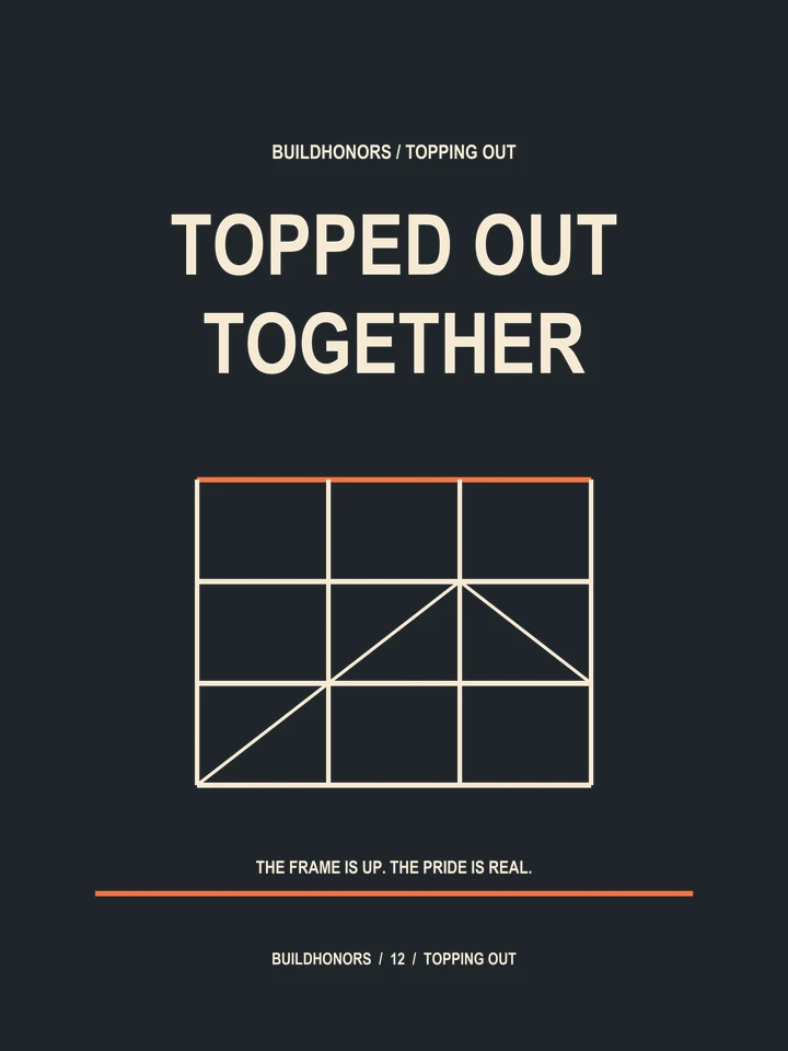Topped Out Together artwork in light ink and orange on charcoal