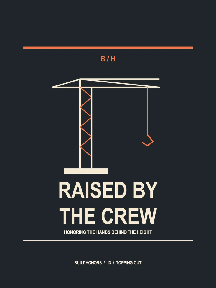 Raised By The Crew artwork in light ink and orange on charcoal