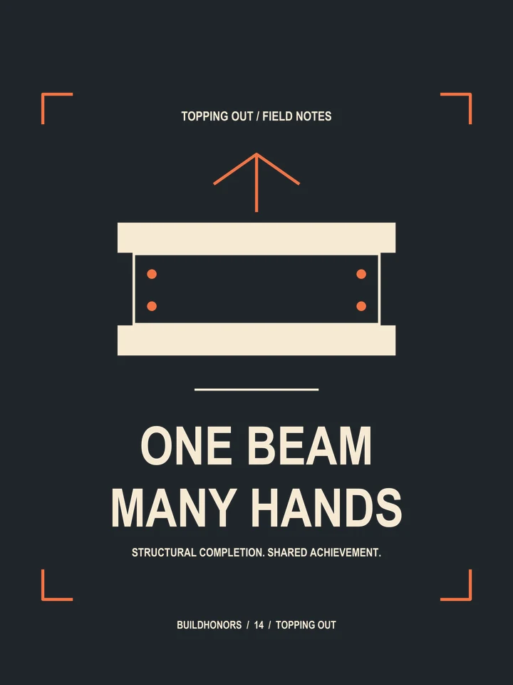 One Beam Many Hands artwork in light ink and orange on charcoal