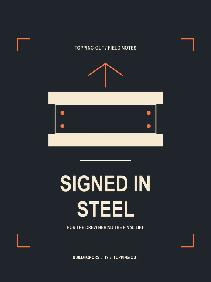Signed In Steel artwork in light ink and orange on charcoal