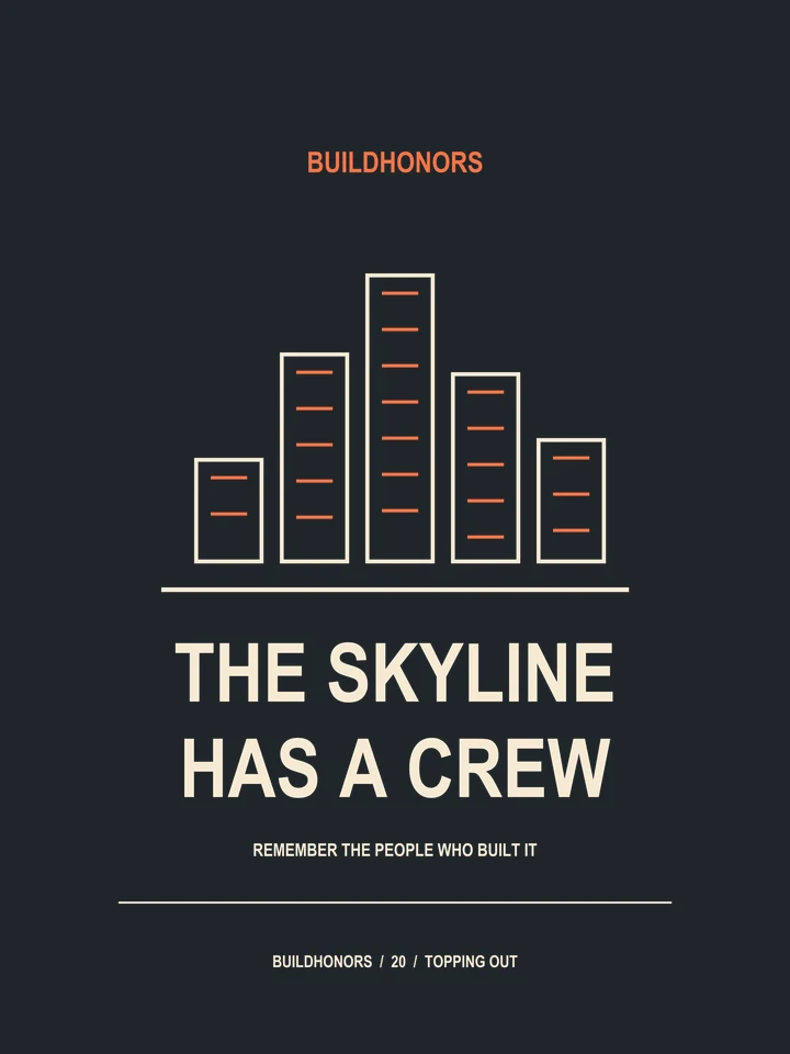 The Skyline Has A Crew artwork in light ink and orange on charcoal