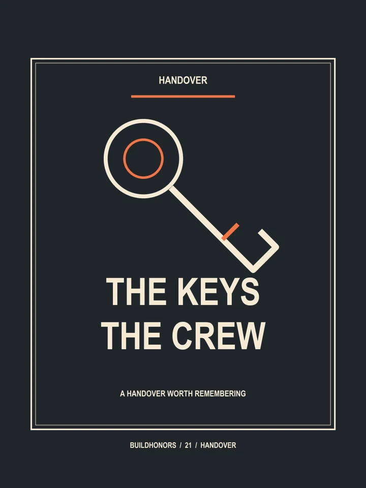 The Keys The Crew artwork in light ink and orange on charcoal