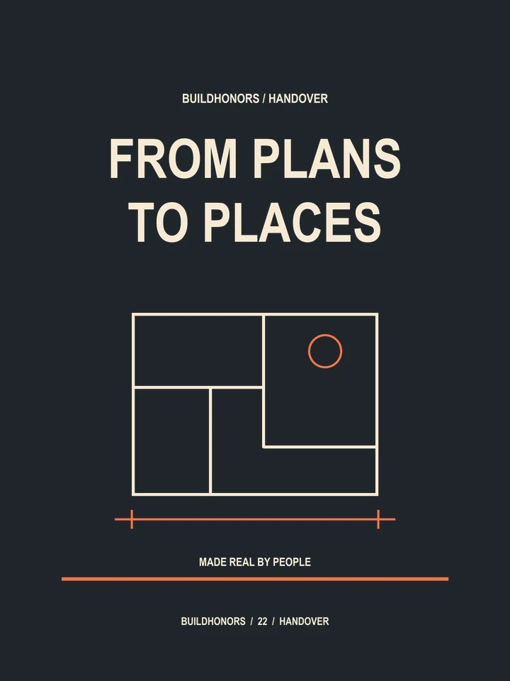 From Plans To Places artwork in light ink and orange on charcoal