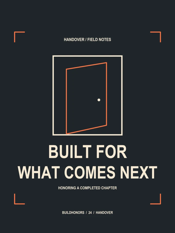 Built For What Comes Next artwork in light ink and orange on charcoal