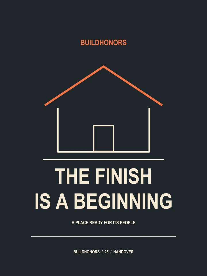 The Finish Is A Beginning artwork in light ink and orange on charcoal