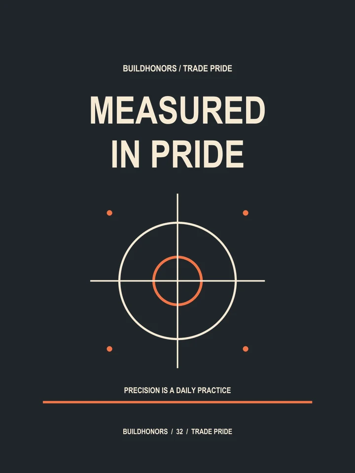 Measured In Pride artwork in light ink and orange on charcoal