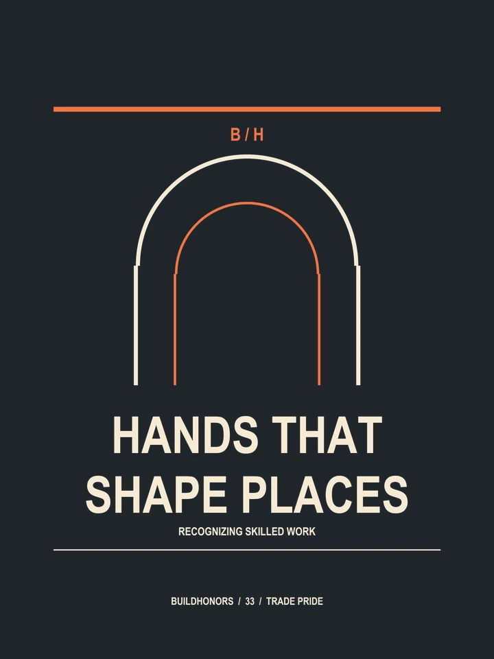 Hands That Shape Places artwork in light ink and orange on charcoal