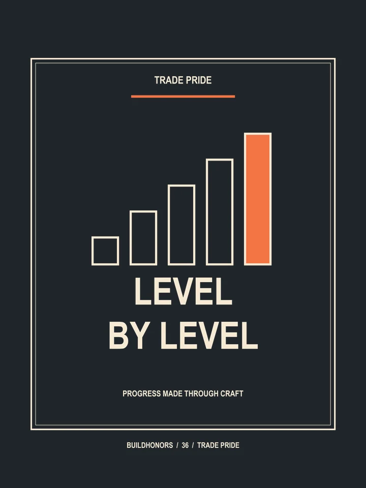 Level By Level artwork in light ink and orange on charcoal