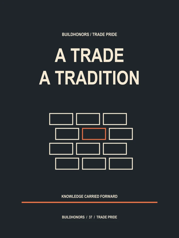 A Trade A Tradition artwork in light ink and orange on charcoal