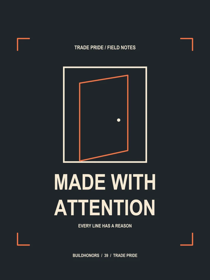 Made With Attention artwork in light ink and orange on charcoal