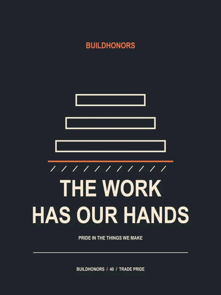 The Work Has Our Hands artwork in light ink and orange on charcoal