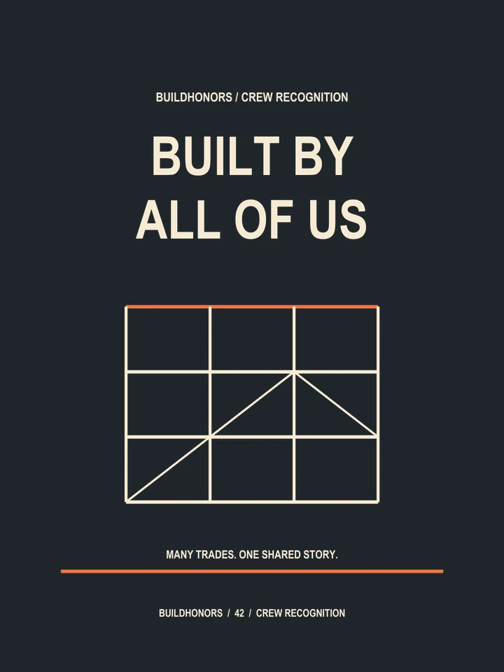 Built By All Of Us artwork in light ink and orange on charcoal