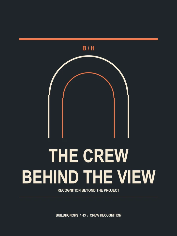 The Crew Behind The View artwork in light ink and orange on charcoal