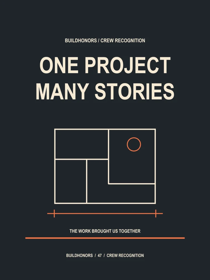 One Project Many Stories artwork in light ink and orange on charcoal