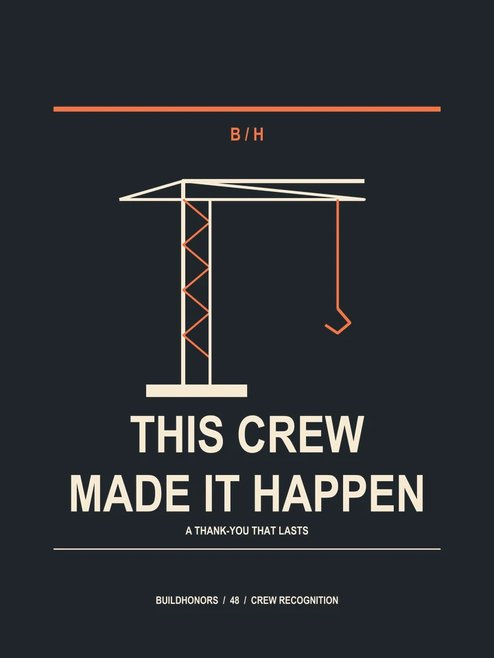 This Crew Made It Happen artwork in light ink and orange on charcoal