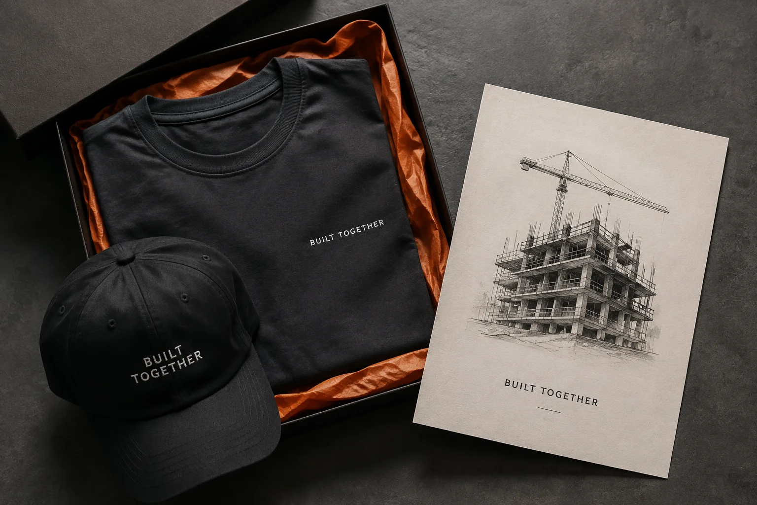 Concept kit with Built Together shirt and cap, commemorative project print and orange gift tissue