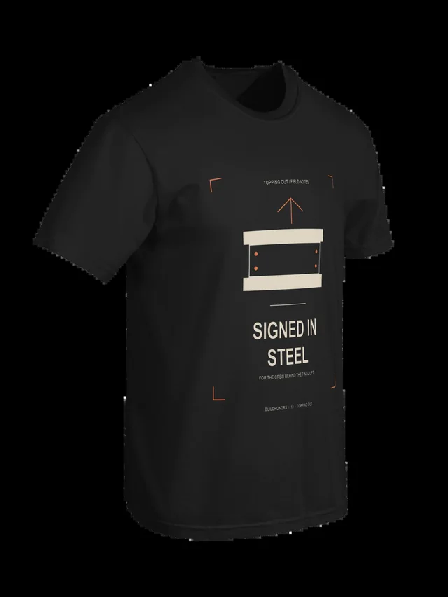 Signed In Steel — Heavyweight Tee in black, supplier-generated front mockup