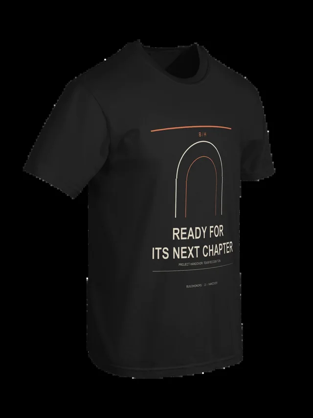 Ready For Its Next Chapter — Heavyweight Tee in black, supplier-generated front mockup