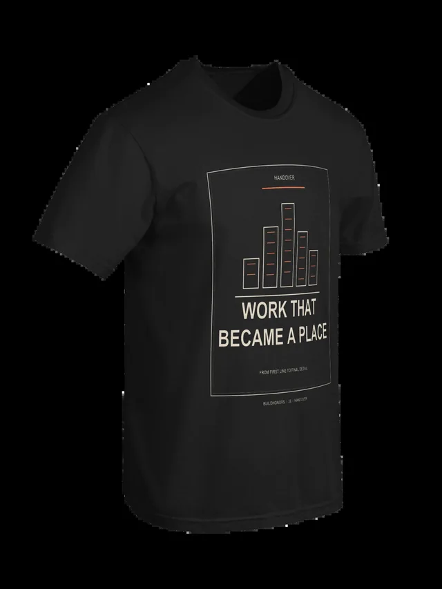 Work That Became A Place — Heavyweight Tee in black, supplier-generated front mockup