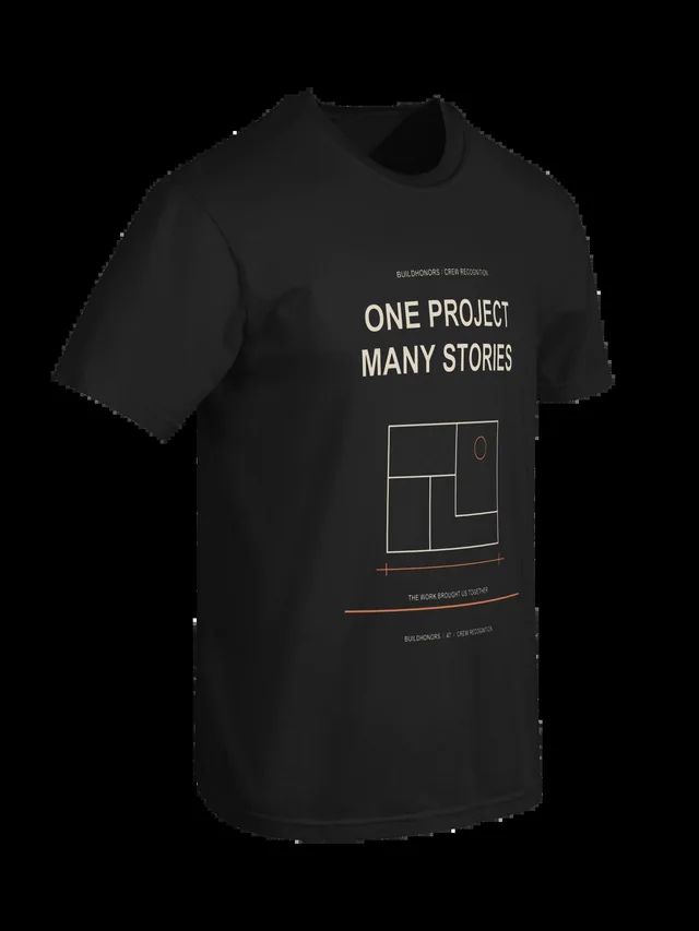 One Project Many Stories — Heavyweight Tee in black, supplier-generated front mockup